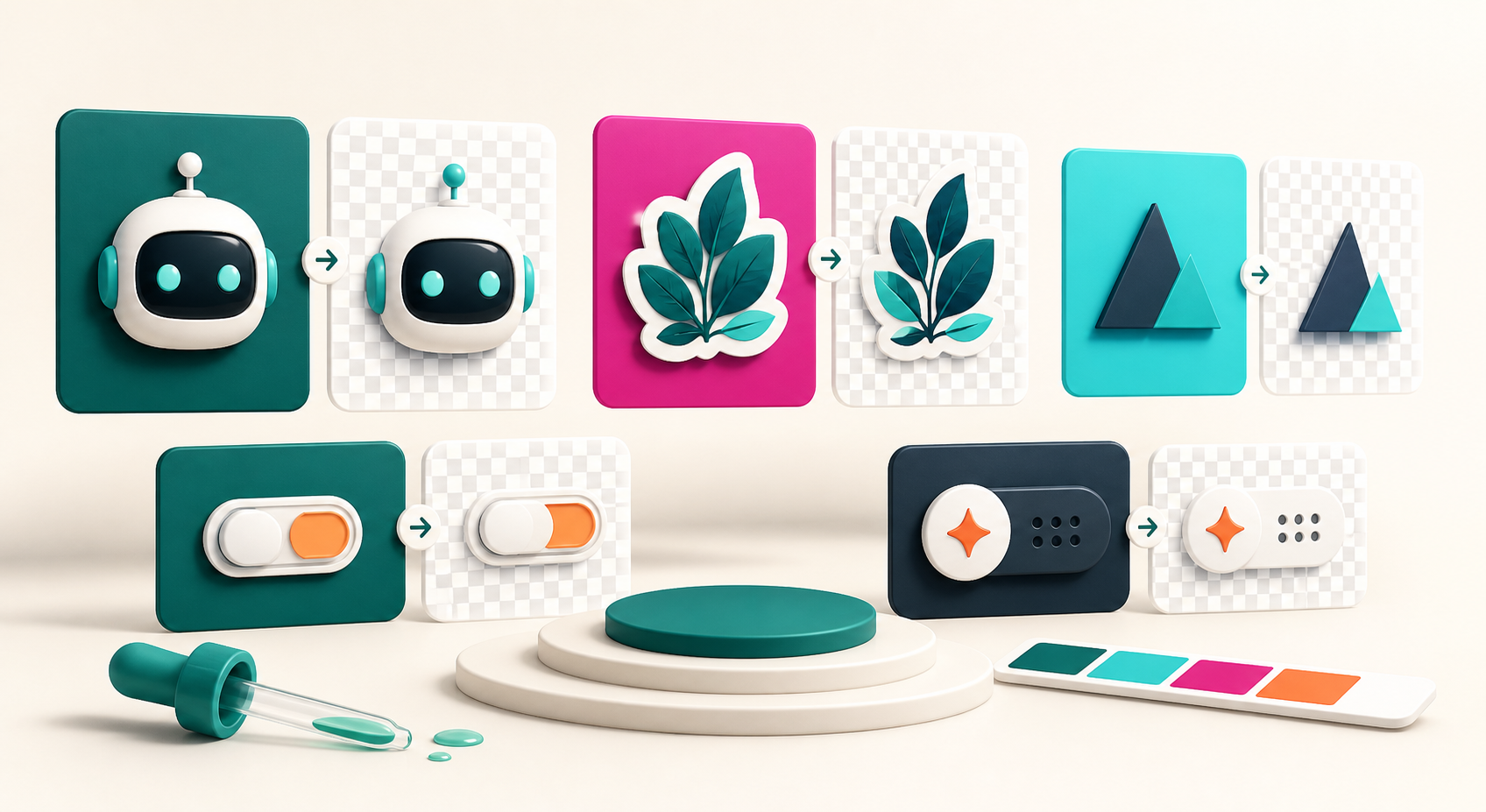 Generated before and after examples of icons, stickers, and UI assets moving from chroma backgrounds to transparent checkerboard previews