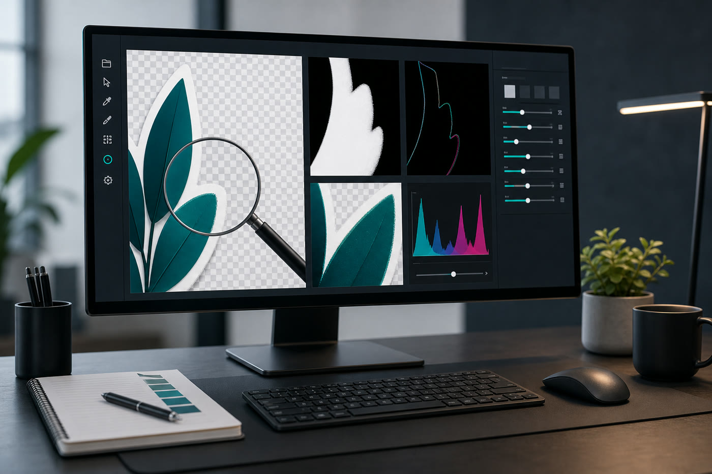 Corporate workstation showing magnified transparent PNG edge inspection and matte diagnostics