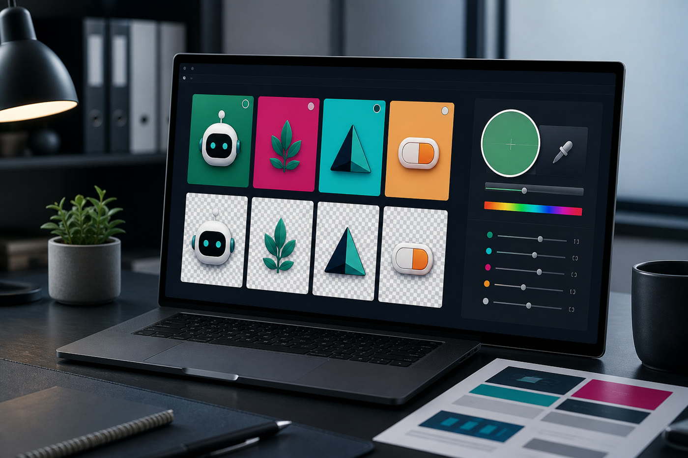Corporate workstation showing generated assets on controlled helper colors and transparent previews